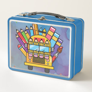 Creatieve schoolbus gemaakt van schoolbenodigdhede