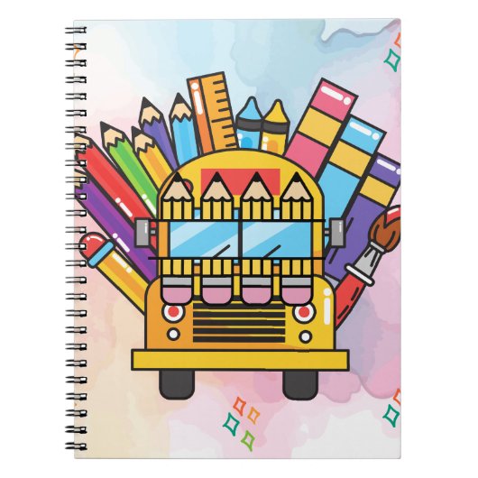 Creatieve schoolbus gemaakt van schoolbenodigdhede notitieboek (Voorkant)