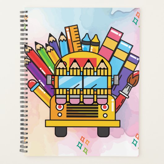 Creatieve schoolbus gemaakt van schoolbenodigdhede planner (Voorkant)