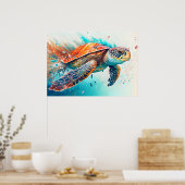 Creatieve Zwemmende Schildpad Illustratie Poster (Keuken)