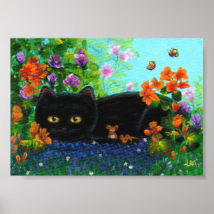 Creationarts van Black Cat Mouse Flowers Poster