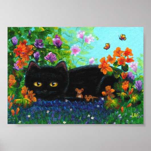 Creationarts van Black Cat Mouse Flowers Poster (Voorkant)
