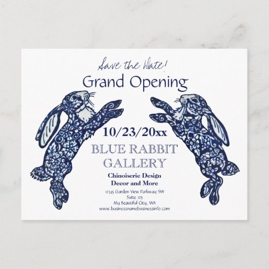 Creative Blue Bunny Business Grand Openingsdatum Aankondigingskaart (Voorkant)