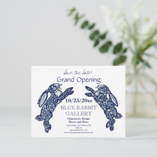 Creative Blue Bunny Business Grand Openingsdatum Aankondigingskaart (Staand voorkant)