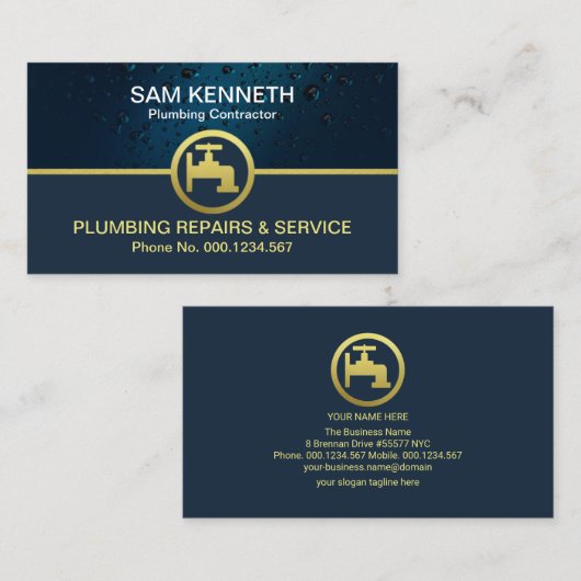 Creative Blue Water Drop Gold Faucet Plummer Visitekaartje (Voorkant / Achterkant)