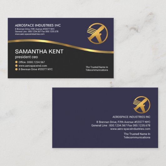 Creative Faux Gold Wave Simple Blue Black CEO Visitekaartje (Voorkant / Achterkant)