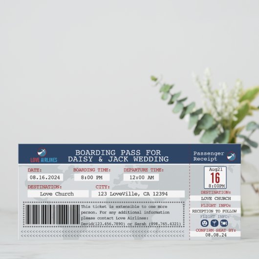 Creative Flight Boarding Pass Bruiloft Uitnodigen Kaart (Staand voorkant)