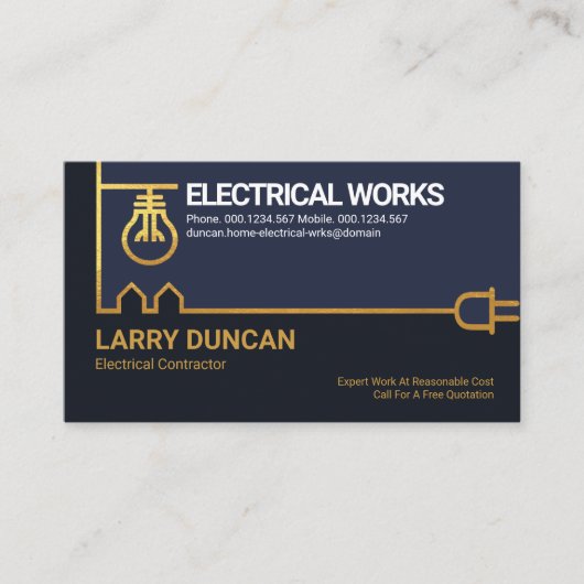 Creative Gold Border Power Plug Bulb-elektricien Visitekaartje (Voorkant)