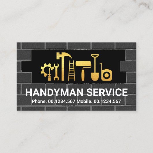 Creative Gold Handyman Tools in Brick Wall Visitekaartje (Voorkant)