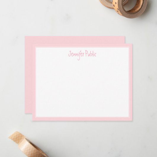 Creative Hand Script Name Text Pink Border White Notitiekaartje (Voorkant / Achterkant in situ)