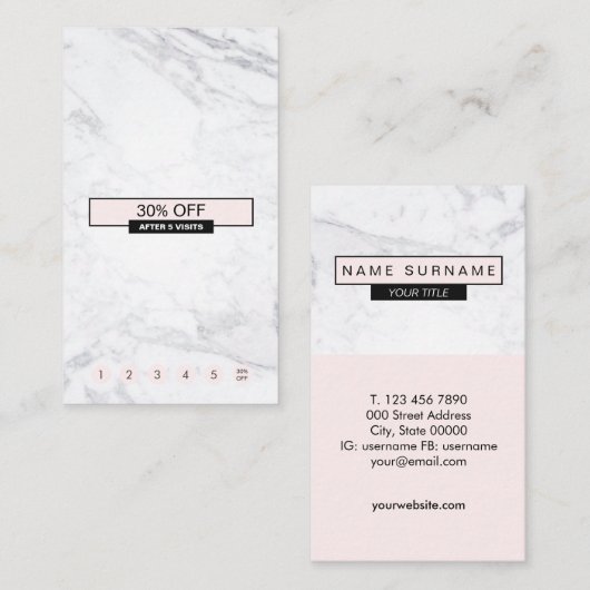 Creative modern marble PastelRoze Loyalty Verticaa Visitekaartje (Voorkant / Achterkant)