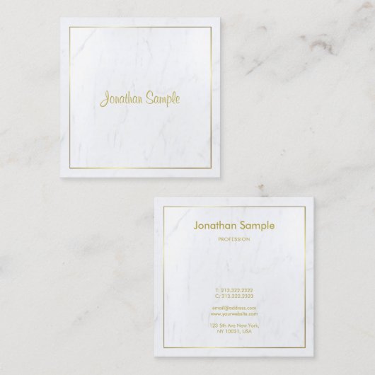 Creative Modern White Marble Gold Script Luxurous Vierkante Visitekaartje (Voorkant / Achterkant)