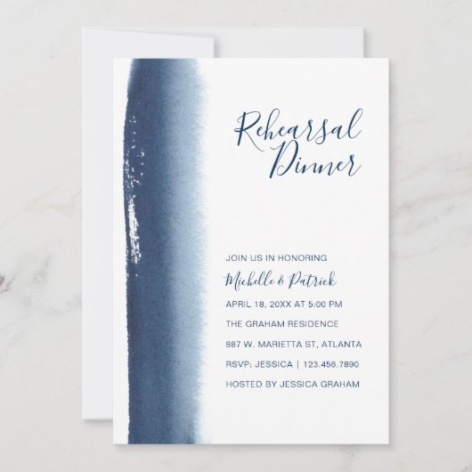 Creative Navy Blue Waterverf Rehearsal Dinner Kaart (Voorkant)