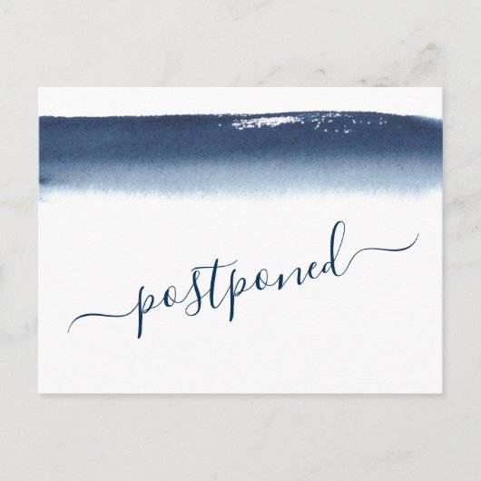 Creative Navy Blue Waterverf Wedding Postponement Aankondigingskaart (Voorkant)