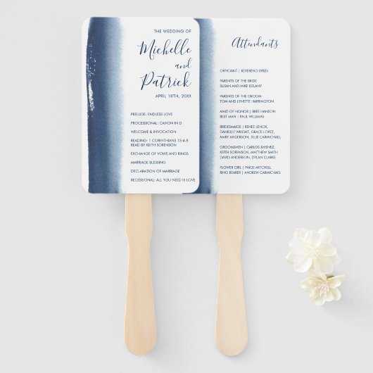 Creative Navy Blue Waterverf Wedding Programme Handwaaier (Voorkant en achterkant)