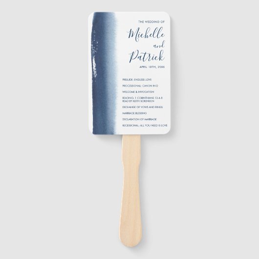 Creative Navy Blue Waterverf Wedding Programme Handwaaier (Voorkant)