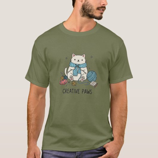 Creative Paws White Cat Knitting Summer Wear Graph T-shirt (Voorkant)