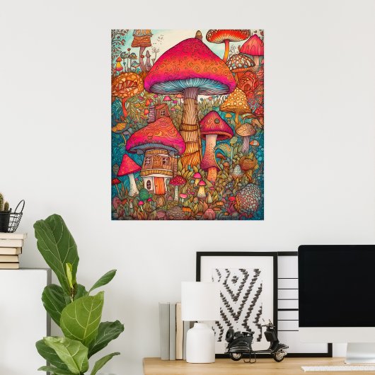 Creative Retro Psychedelic Mushroom Illustratie Poster (Thuiskantoor)