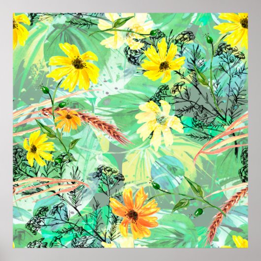 Creative seamless watercolor pattern of plants, He Poster (Voorkant)