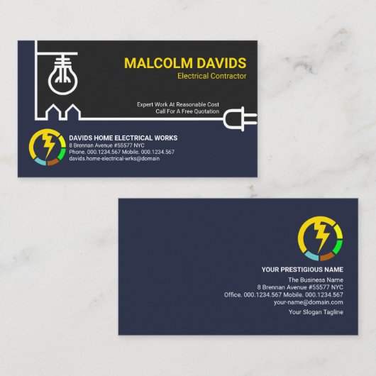 Creative White Power Line Electrical Contractor Visitekaartje (Voorkant / Achterkant)