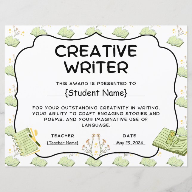 Creative Writer Student Recognition Award (Voorkant)