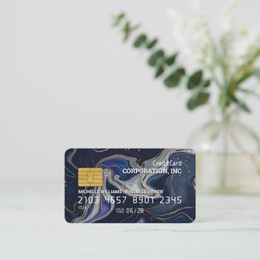 Credit Card | Blau Paars Goud Marmer Visitekaartje (Staand voorkant)