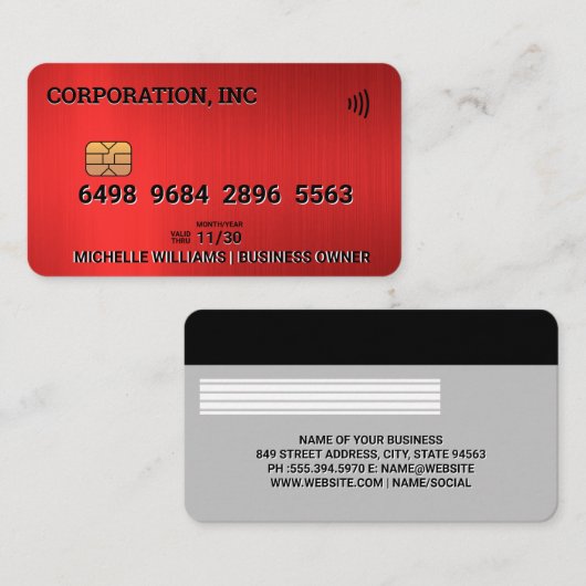 Credit | Debit Card | Rood Metallic Geborsteld Visitekaartje (Voorkant / Achterkant)
