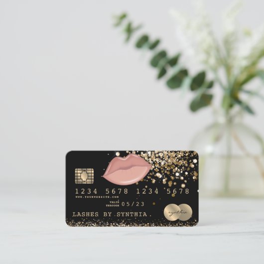 Credit Debit Kaart Glitter Gold Lips Visitekaartje (Staand voorkant)
