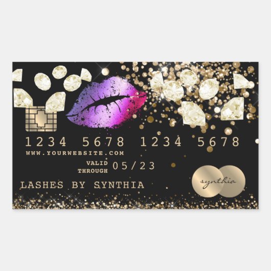 Credit Debit Kaart Styled Glitter Gold lips diaman Rechthoekige Sticker (Voorkant)
