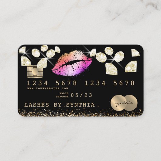 Credit Debit Kaart Styled Glitter Gold lips diaman Visitekaartje (Voorkant)