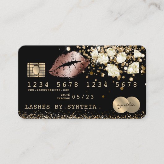Credit Debit Kaart Styled Glitter Gold lips diaman Visitekaartje (Voorkant)