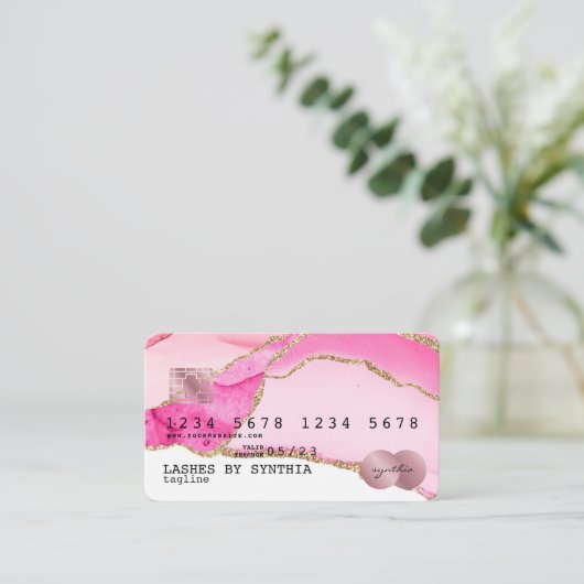 Credit Kaart met Roze Agate Gold Makeup Visitekaartje (Staand voorkant)