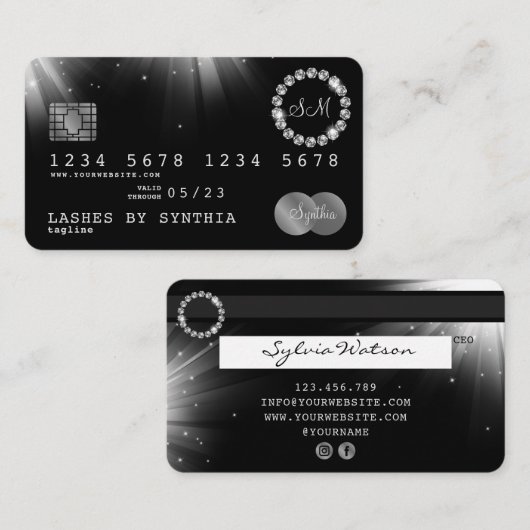 Credit Kaart Style Silver Diamond monogram Visitekaartje (Voorkant / Achterkant)