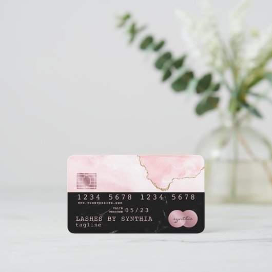 Credit Kaart Styled Black Marble blush roze agaat Visitekaartje (Staand voorkant)