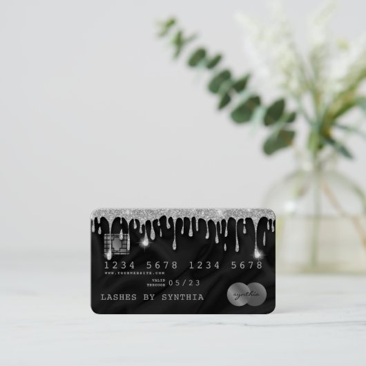 Credit Kaart Styled Dripping Silver Silk Visitekaartje (Staand voorkant)