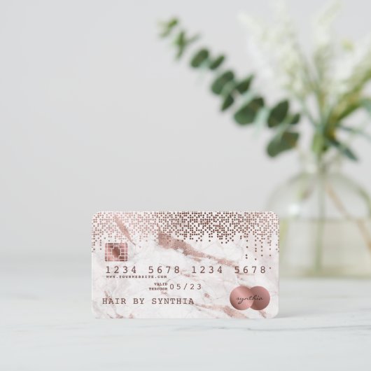 Credit Kaart Styled Roos Goud Marmer en Confetti Visitekaartje (Staand voorkant)