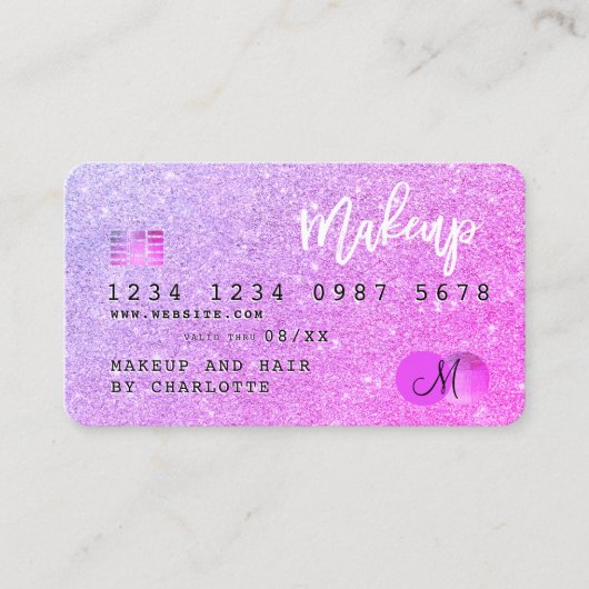 Creditcard chic roze glitter make-up hair monogram visitekaartje (Voorkant)
