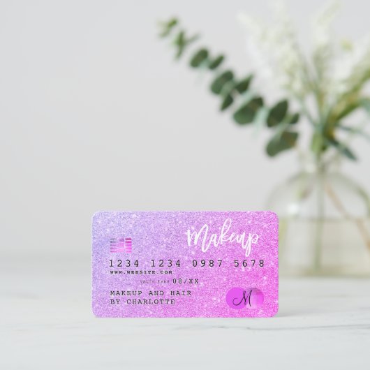 Creditcard chic roze glitter make-up hair monogram visitekaartje (Staand voorkant)