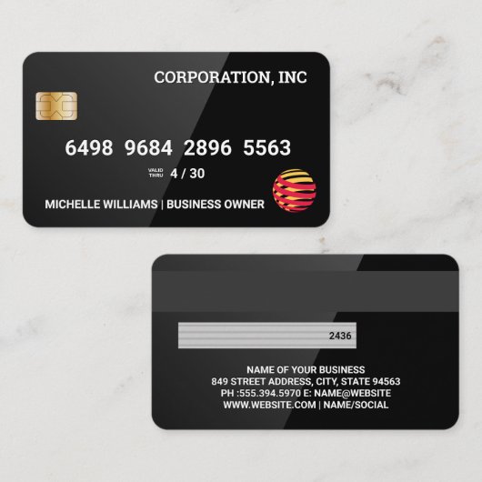 Creditcard | Glanzend zwart Visitekaartje (Voorkant / Achterkant)