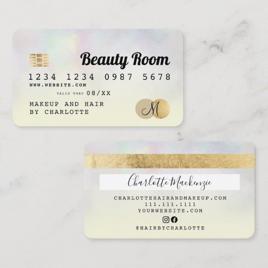 Creditcard holografisch geel schoonheidsmonogram visitekaartje (Voorkant / Achterkant)