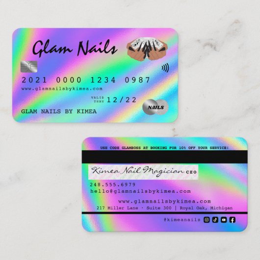 Creditcard Holographic Nail-technicus Visitekaartje (Voorkant / Achterkant)