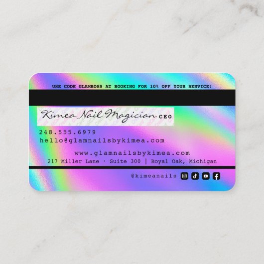 Creditcard Holographic Nail-technicus Visitekaartje (Achterkant)