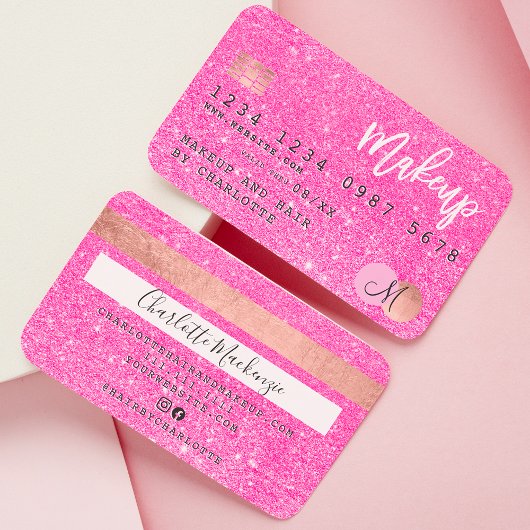 Creditcard neon roze glitter make-up hair monogram visitekaartje