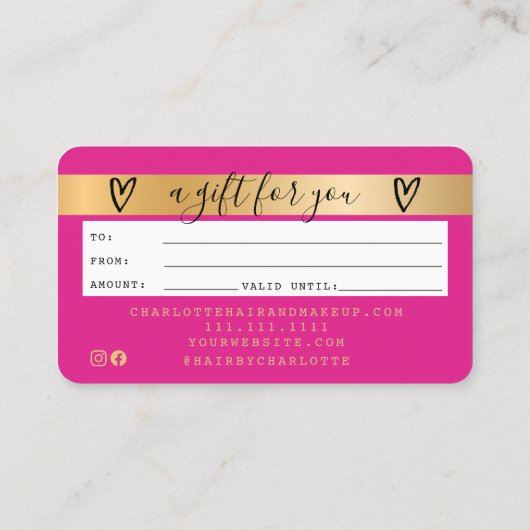 Creditcard neon roze gouden folie cadeaukaart visitekaartje (Achterkant)