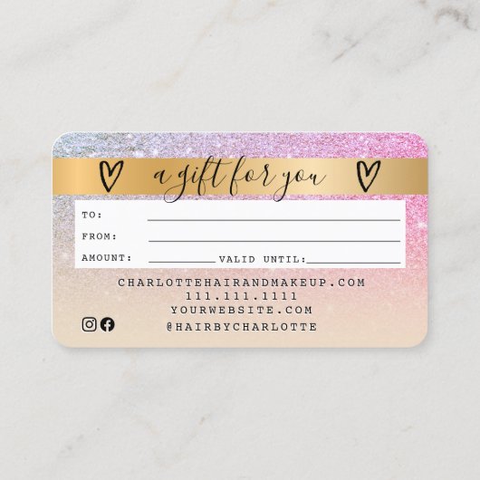 Creditcard regenboog goud glitter ombre cadeaubon visitekaartje (Achterkant)