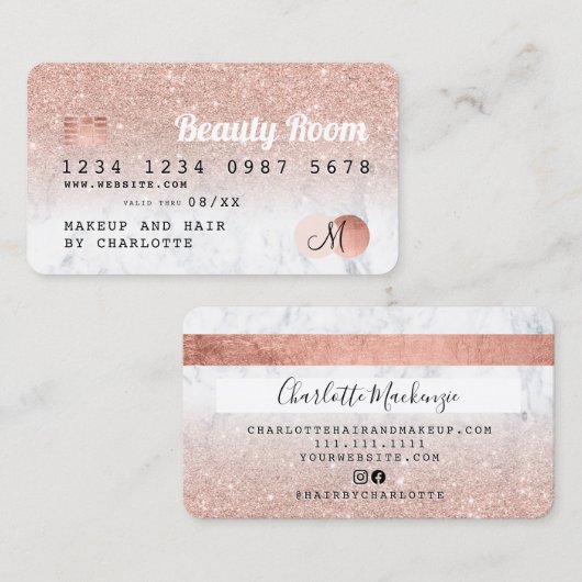 Creditcard roos goud glitter marmer monogram visitekaartje (Voorkant / Achterkant)