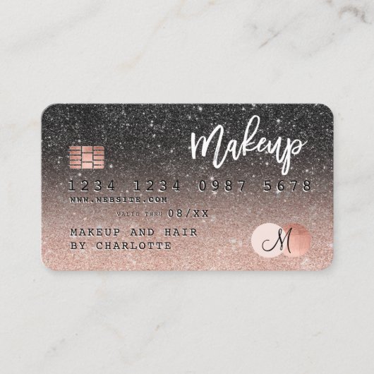 Creditcard roos goud zwart glitter haar monogram visitekaartje (Voorkant)