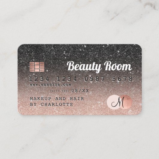 Creditcard roos goud zwart glitter monogram visitekaartje (Voorkant)