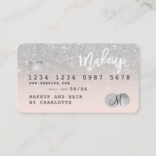 Creditcard Silver Glitter blush roze monogram Visitekaartje (Voorkant)