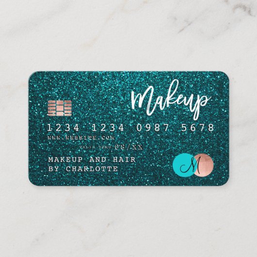Creditcard turkooise glitter make keup hair monogr visitekaartje (Voorkant)